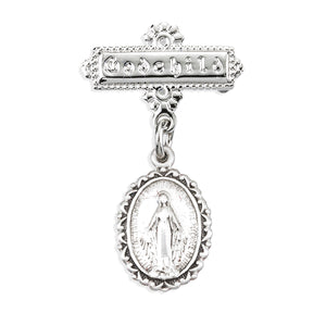 Oval Fancy Edge Baby Miraculous Medal Godchild Pin, Sterling Silver