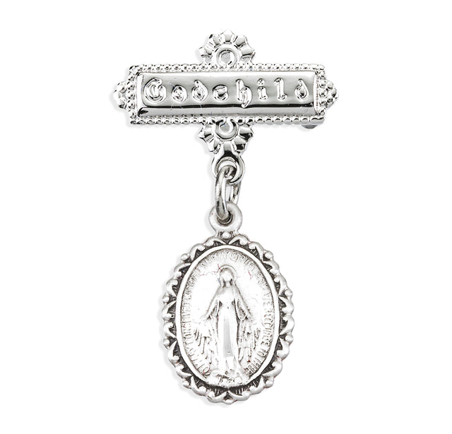 Oval Fancy Edge Baby Miraculous Medal Godchild Pin, Sterling Silver
