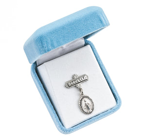 Oval Fancy Edge Baby Miraculous Medal Godchild Pin, Sterling Silver