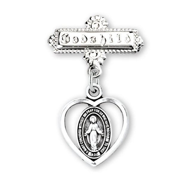Pierced Heart Baby Miraculous Medal Godchild Pin, Sterling Silver