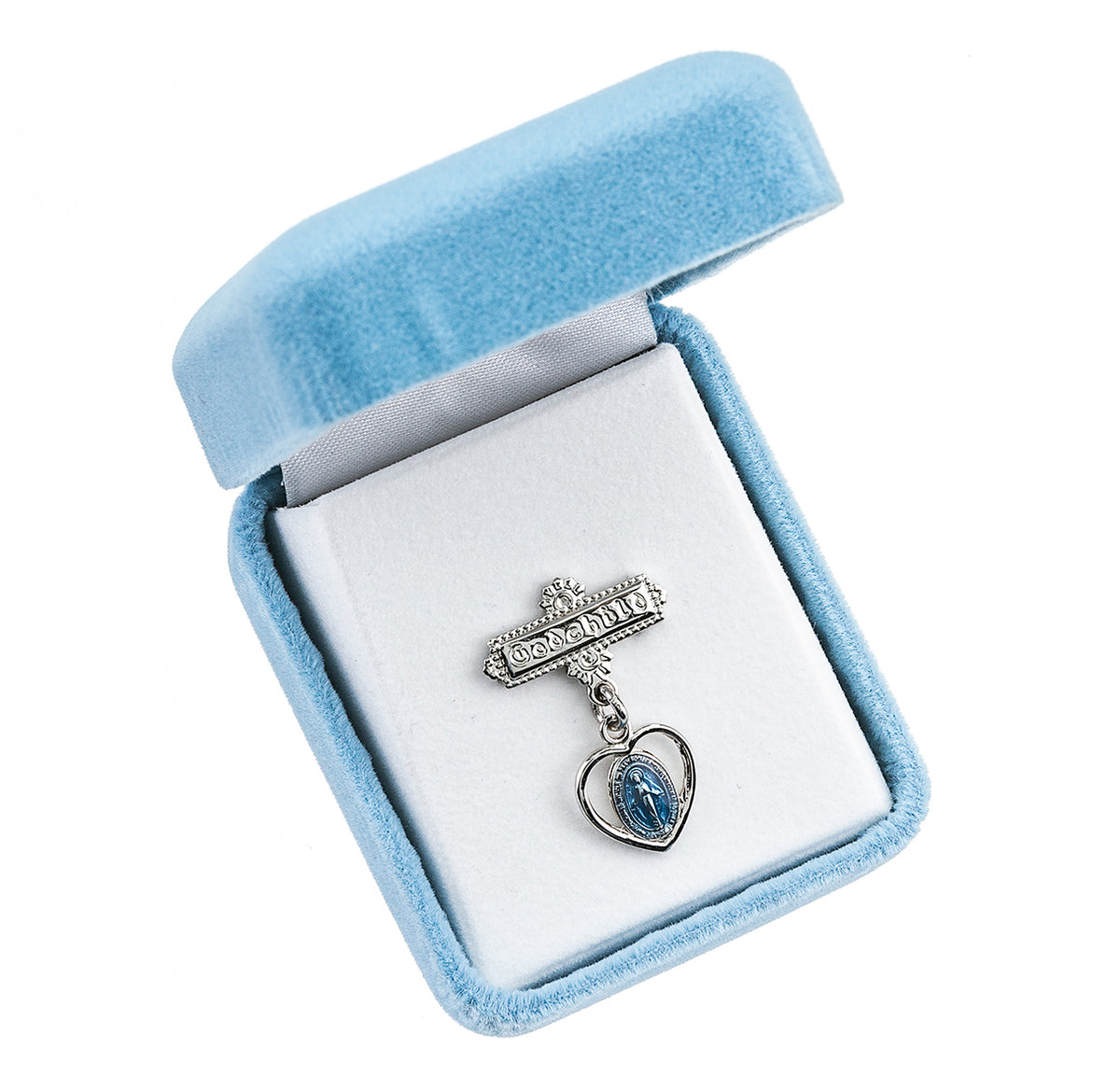 Blue Pierced Heart Baby Miraculous Medal Godchild Pin, Sterling Silver