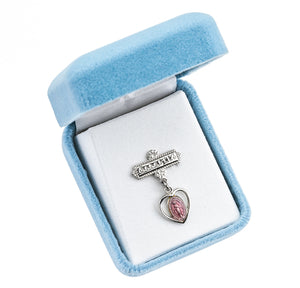 Pink Pierced Heart Baby Miraculous Medal Godchild Pin, Sterling Silver