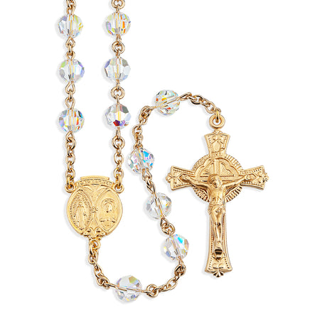 7mm Aurora Borealis Swarovski Crystal Rosary, Gold Over Sterling Silver