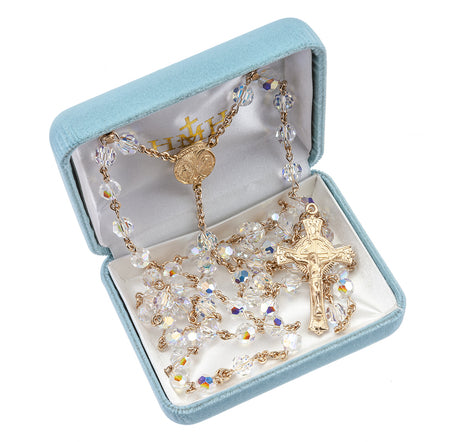7mm Aurora Borealis Swarovski Crystal Rosary, Gold Over Sterling Silver