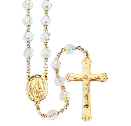 7mm Aurora Crystal Czech Bead Rosary, Gold Over Sterling Silver