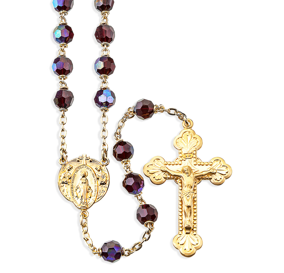 7mm Garnet Crystal Czech Bead Rosary, Gold Over Sterling Silver