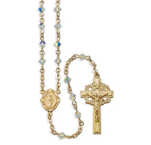 4mm Aurora Borealis Swarovski Crystal Bi-Cone Bead Rosary, Gold Over Sterling Silver