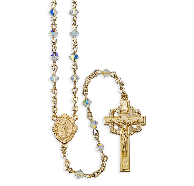 4mm Aurora Borealis Swarovski Crystal Bi-Cone Bead Rosary, Gold Over Sterling Silver