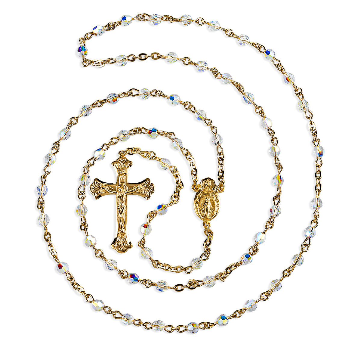 4mm Aurora Borealis Swarovski Crystal Rosary, Gold Over Sterling Silver