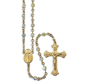 4mm Aurora Borealis Swarovski Crystal Rosary, Gold Over Sterling Silver