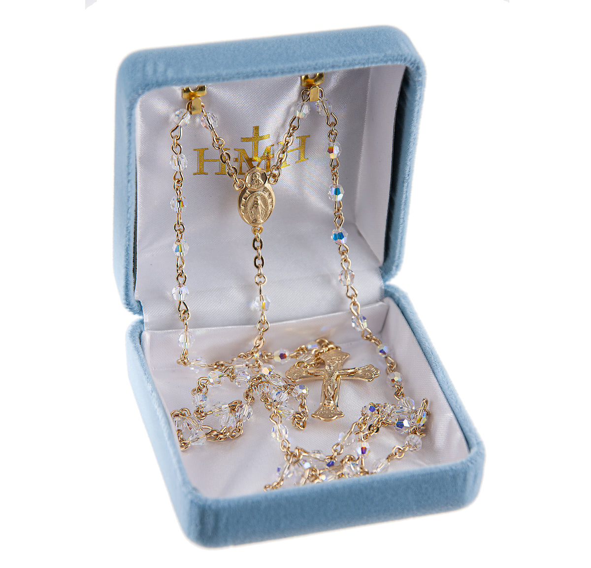 4mm Aurora Borealis Swarovski Crystal Rosary, Gold Over Sterling Silver