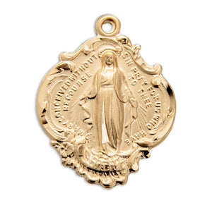 Large Baroque Miraculous Medal Necklace with Hail Mary Prayer, Gold Over Sterling Silver