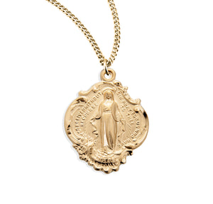Large Baroque Miraculous Medal Necklace with Hail Mary Prayer, Gold Over Sterling Silver