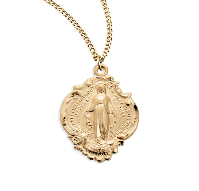 Large Baroque Miraculous Medal Necklace with Hail Mary Prayer, Gold Over Sterling Silver