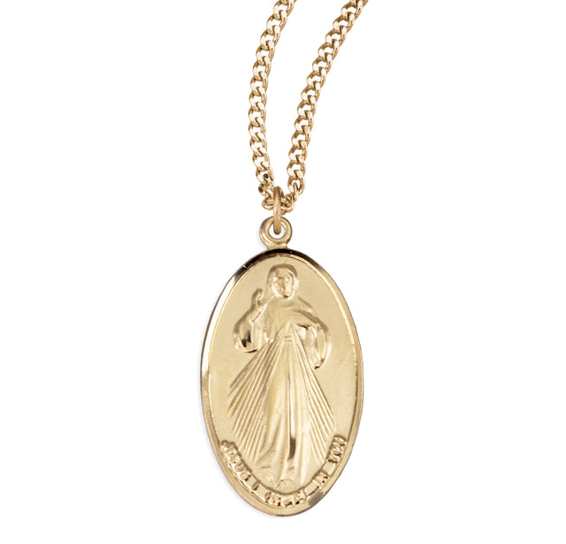 Large Divine Mercy Medal Necklace, Gold Over Sterling Silver