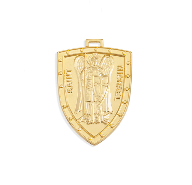 Large Arched Saint Michael Shield Medal Necklace, Gold Over Sterling Silver