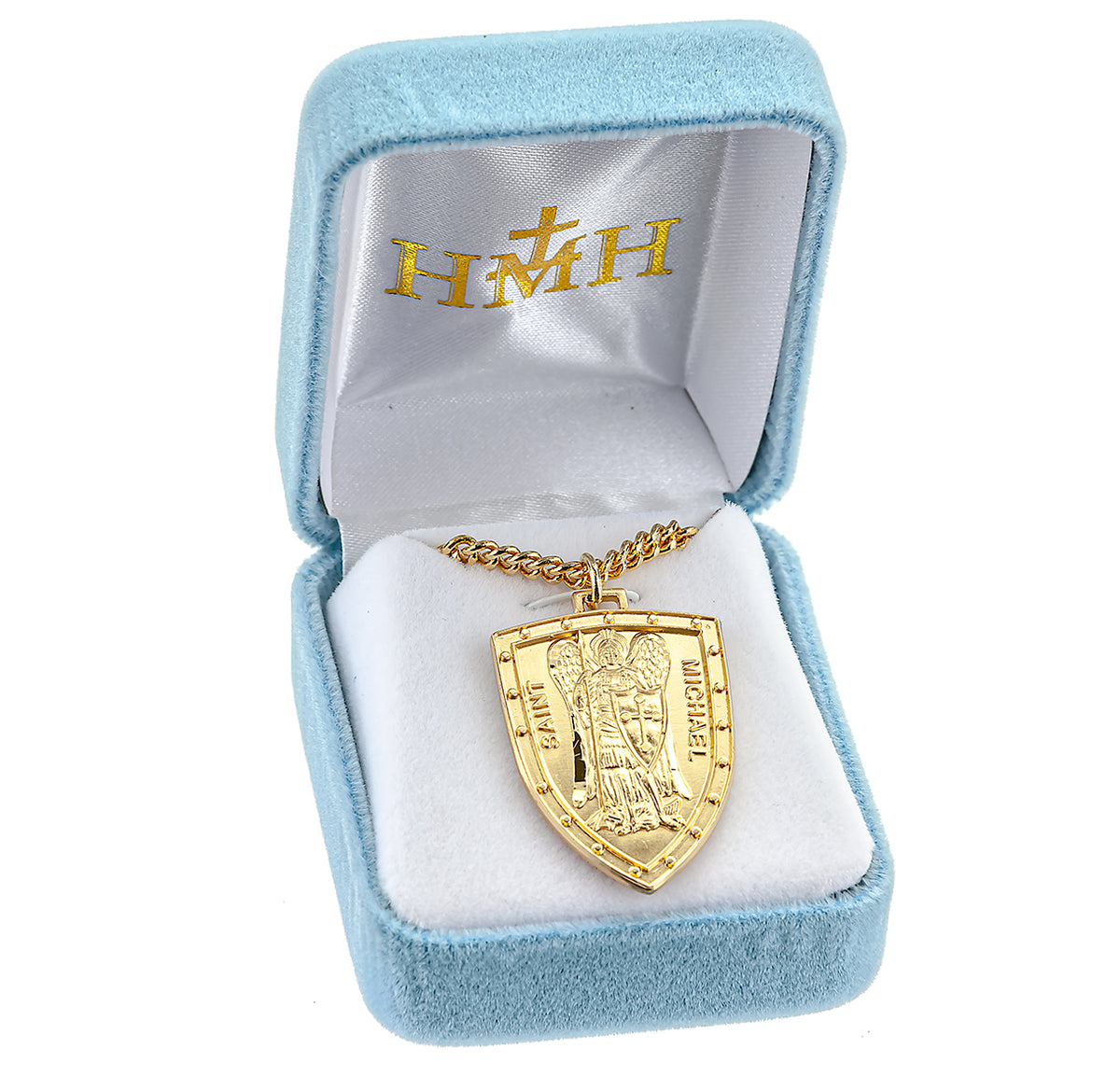 Large Arched Saint Michael Shield Medal Necklace, Gold Over Sterling Silver