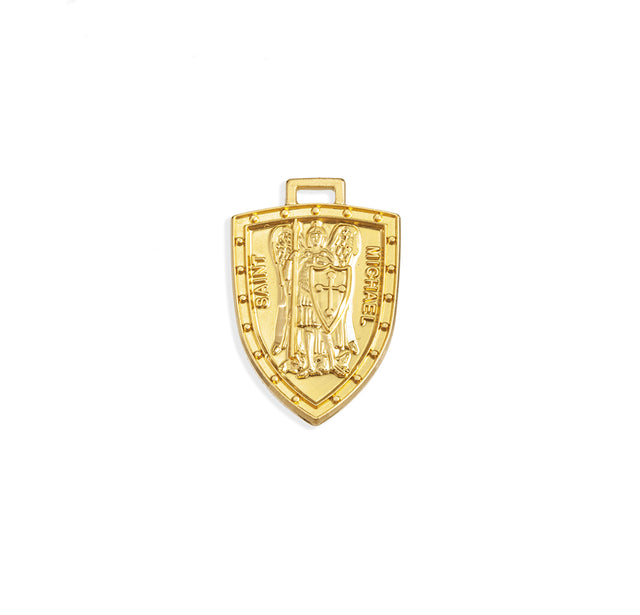 Medium Arched Saint Michael Shield Medal Necklace, Gold Over Sterling Silver