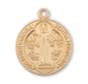 Small Double-Sided Saint Benedict Round Medal Necklace, Gold Over Sterling Silver