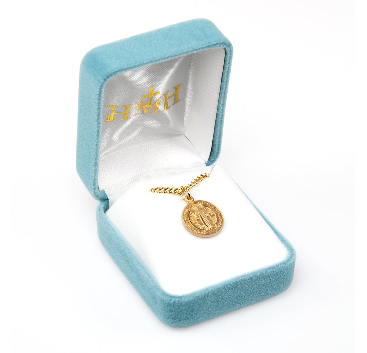 Small Double-Sided Saint Benedict Round Medal Necklace, Gold Over Sterling Silver
