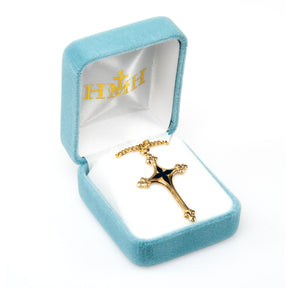 Cross Necklace with Blue Enameled Center, Gold Over Sterling Silver