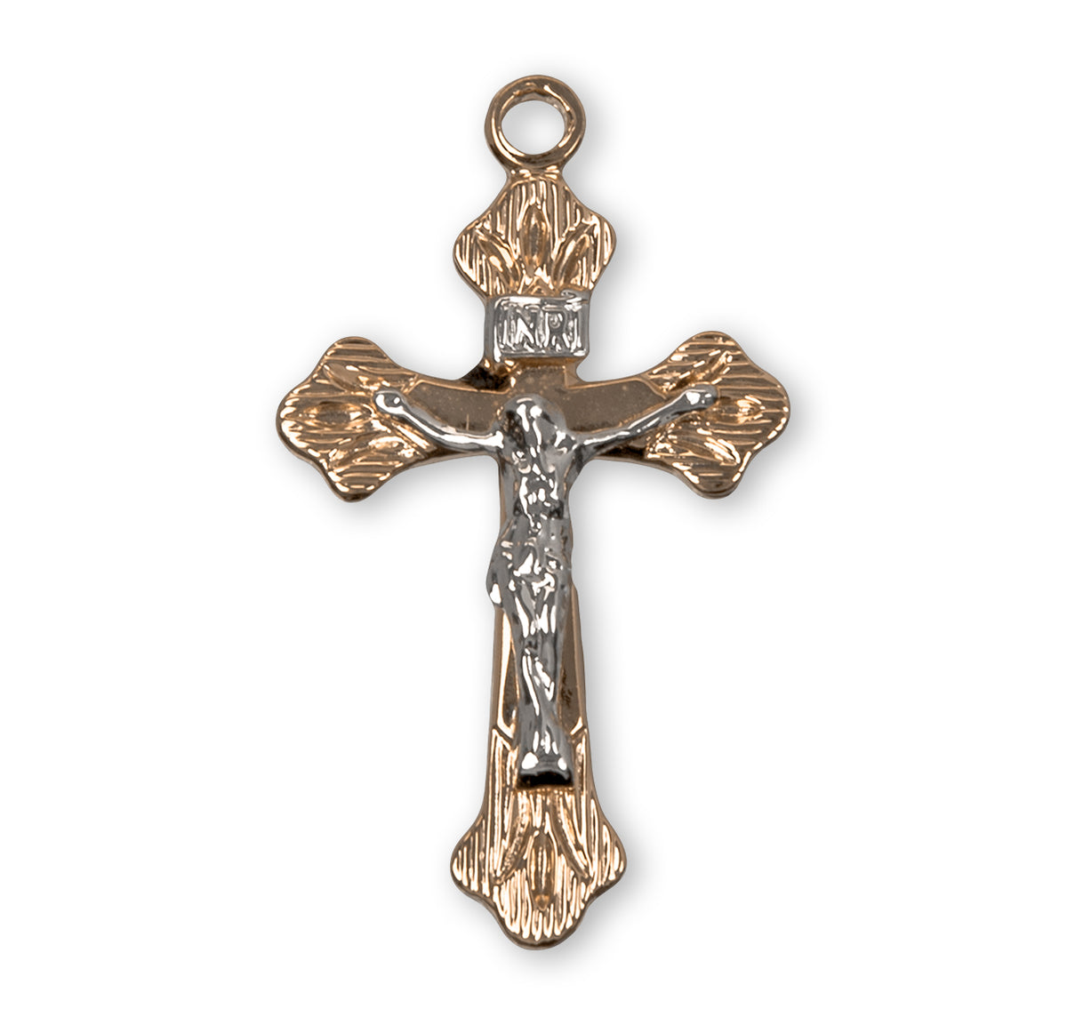 Flare Tip Two-Tone Crucifix Necklace, Gold Over Sterling Silver