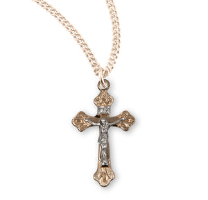 Flare Tip Two-Tone Crucifix Necklace, Gold Over Sterling Silver
