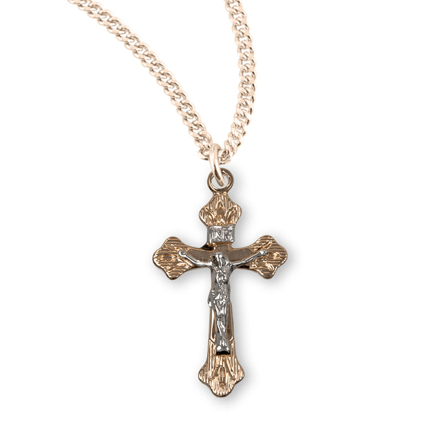 Flare Tip Two-Tone Crucifix Necklace, Gold Over Sterling Silver
