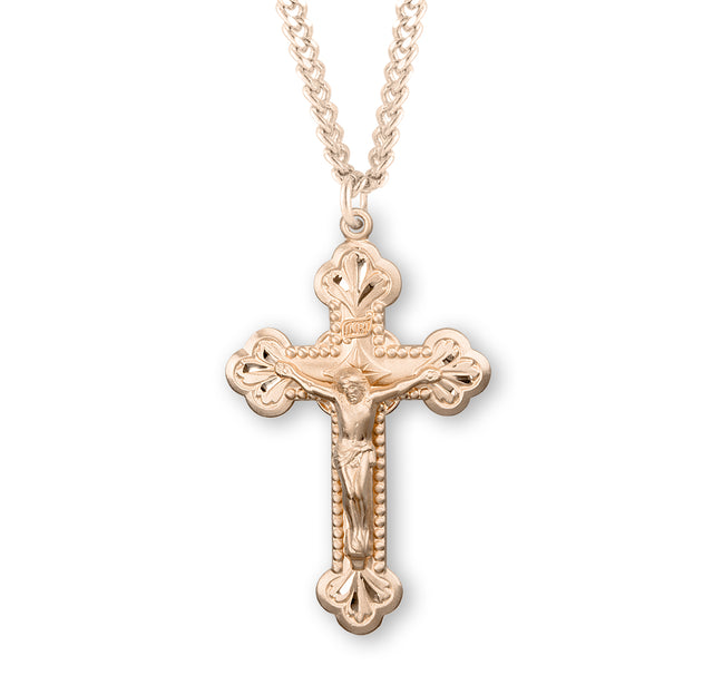 Beaded Budded Crucifix Necklace, Gold Over Sterling Silver