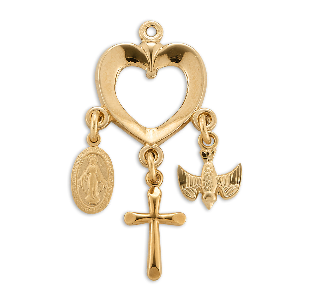 Heart Cross Necklace with Miraculous Medal and Holy Spirit Charms, Gold Over Sterling Silver