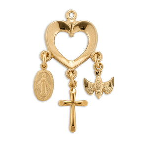 Heart Cross Necklace with Miraculous Medal and Holy Spirit Charms, Gold Over Sterling Silver