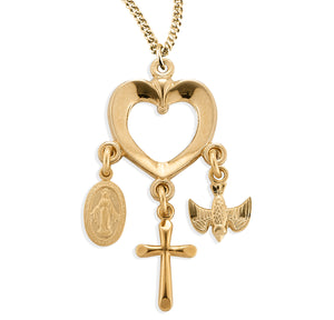 Heart Cross Necklace with Miraculous Medal and Holy Spirit Charms, Gold Over Sterling Silver