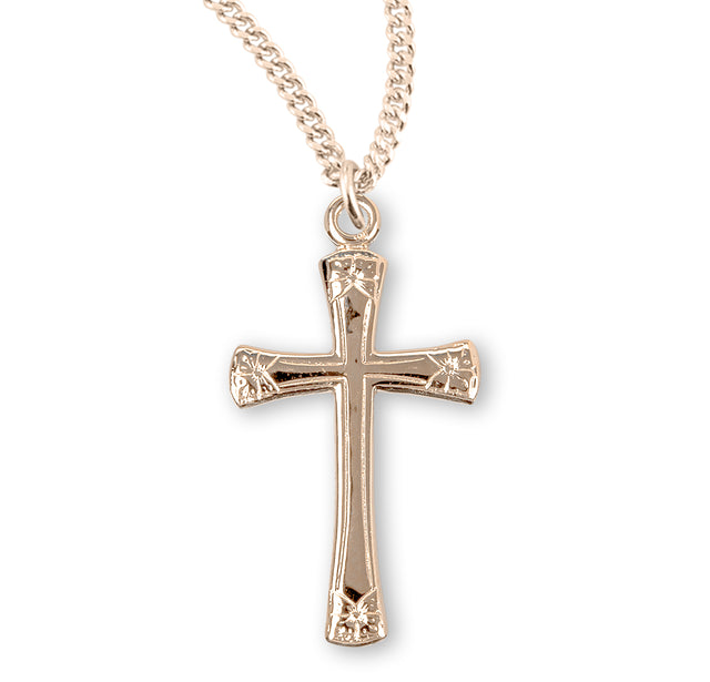 Heavy Large Flower Tip Cross Necklace, Gold Over Sterling Silver