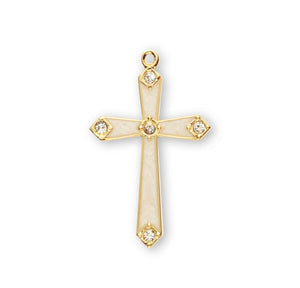 Pearl Enameled Cross Necklace with Five Crystals, Gold Over Sterling Silver