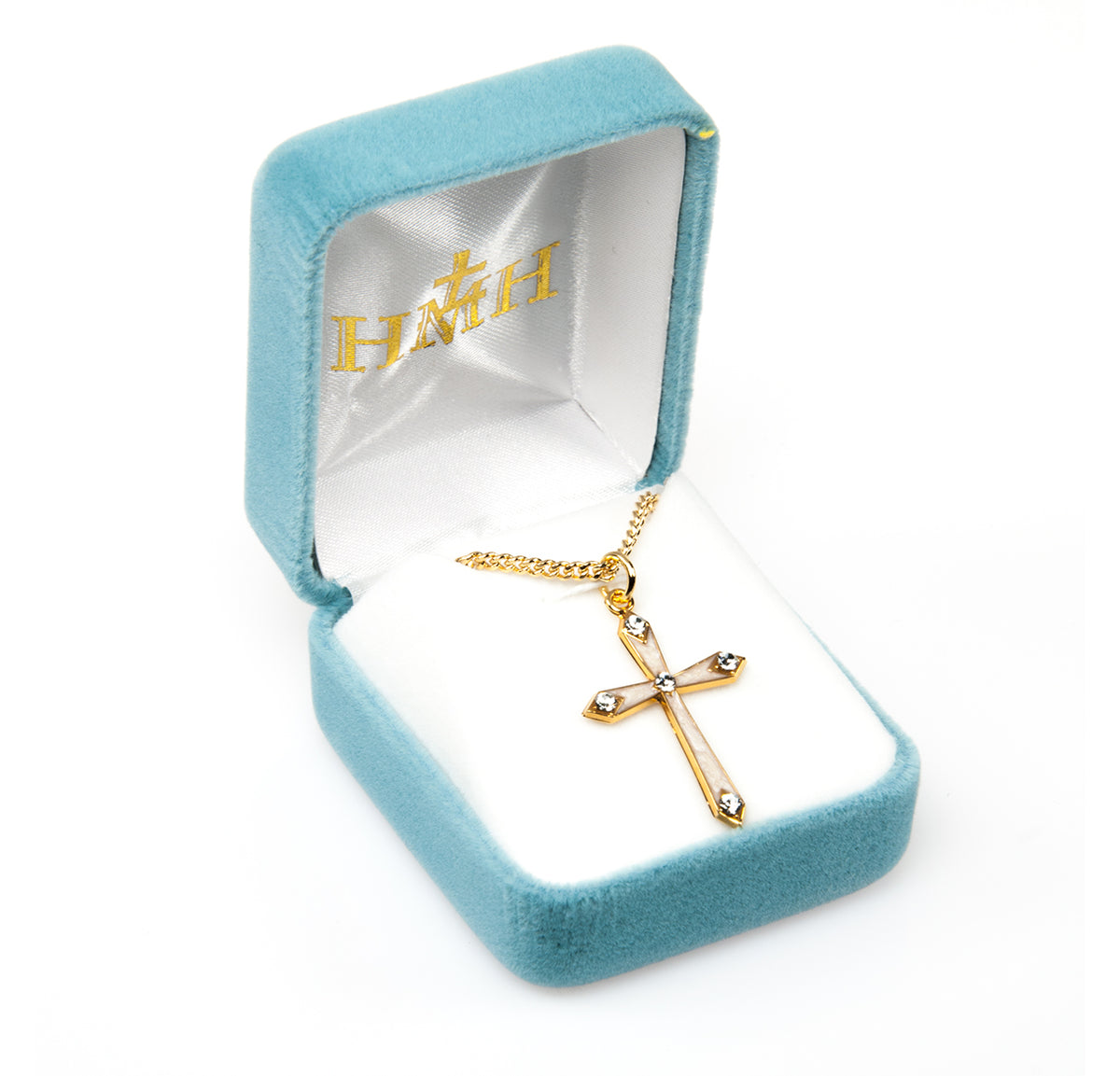 Pearl Enameled Cross Necklace with Five Crystals, Gold Over Sterling Silver