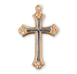 Heavy Large Two-Tone Cross Necklace, Gold Over Sterling Silver