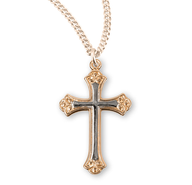 Heavy Large Two-Tone Cross Necklace, Gold Over Sterling Silver