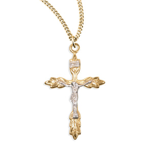 Two-Tone Wheat Crucifix Necklace, Gold Over Sterling Silver