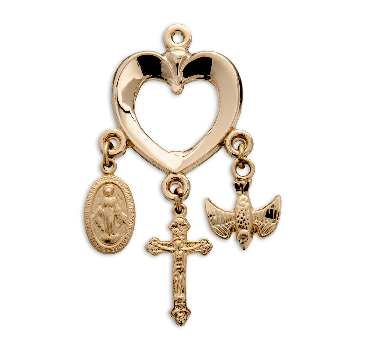 Heart Crucifix Necklace with Miraculous Medal and Holy Spirit Charms, Gold Over Sterling Silver