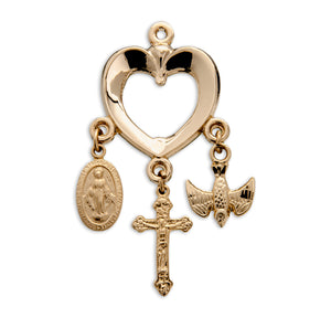 Heart Crucifix Necklace with Miraculous Medal and Holy Spirit Charms, Gold Over Sterling Silver