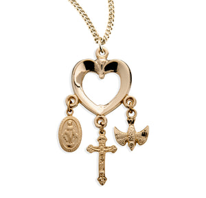 Heart Crucifix Necklace with Miraculous Medal and Holy Spirit Charms, Gold Over Sterling Silver