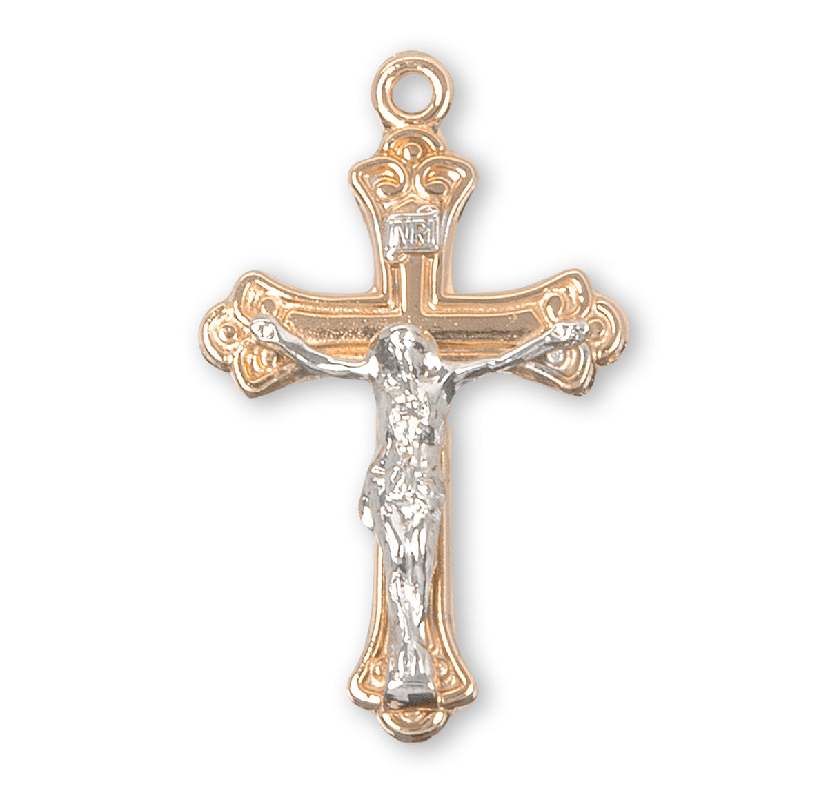 Two-Tone Tapered Crucifix Necklace, Gold Over Sterling Silver