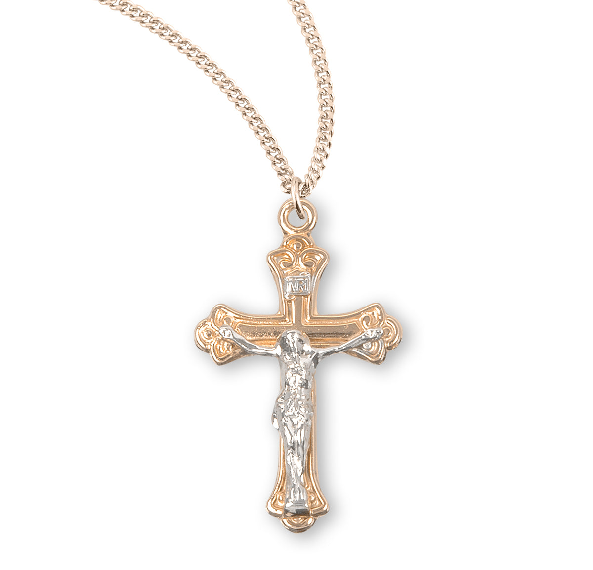 Two-Tone Tapered Crucifix Necklace, Gold Over Sterling Silver