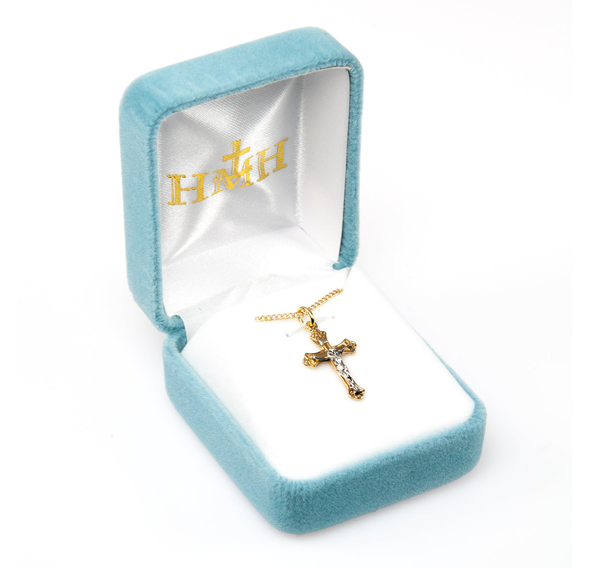 Two-Tone Tapered Crucifix Necklace, Gold Over Sterling Silver