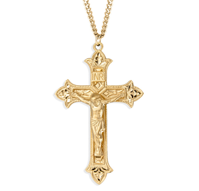 Fleur-de-Lis Tip Crucifix Necklace, Gold Over Sterling Silver