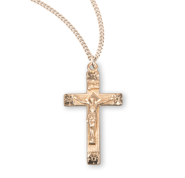 Flower Tip Crucifix Necklace, Gold Over Sterling Silver