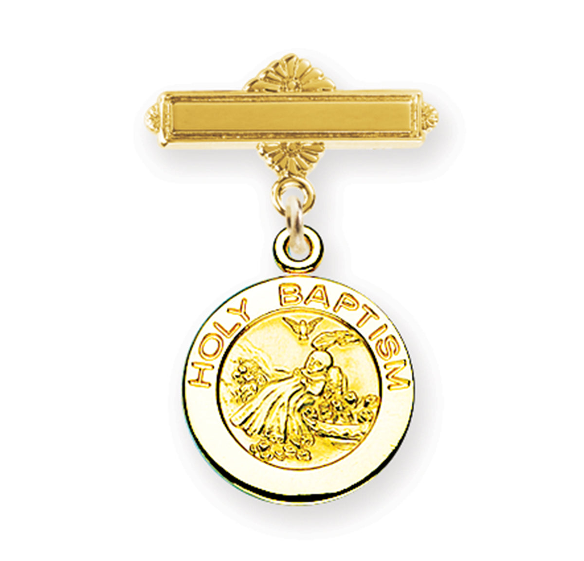 Round Baby Holy Baptism Medal Bar Pin, Gold Over Sterling Silver