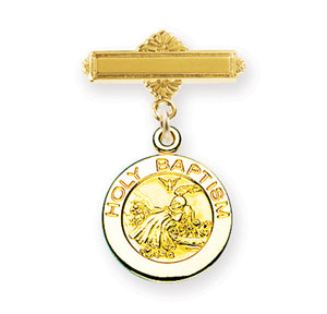 Round Baby Holy Baptism Medal Bar Pin, Gold Over Sterling Silver