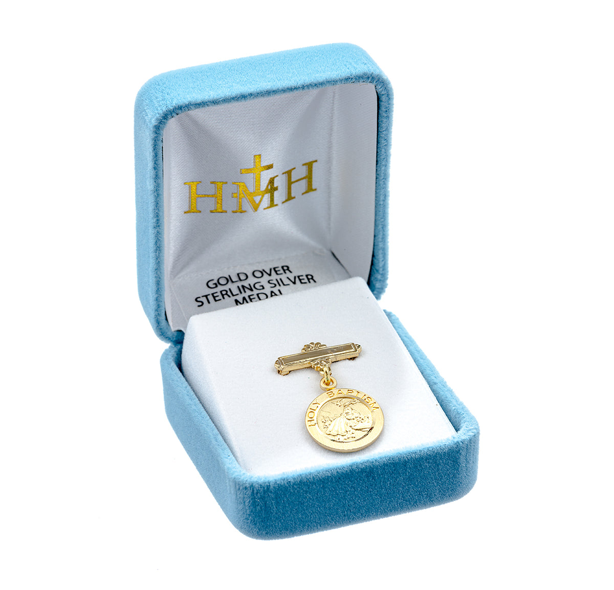 Round Baby Holy Baptism Medal Bar Pin, Gold Over Sterling Silver