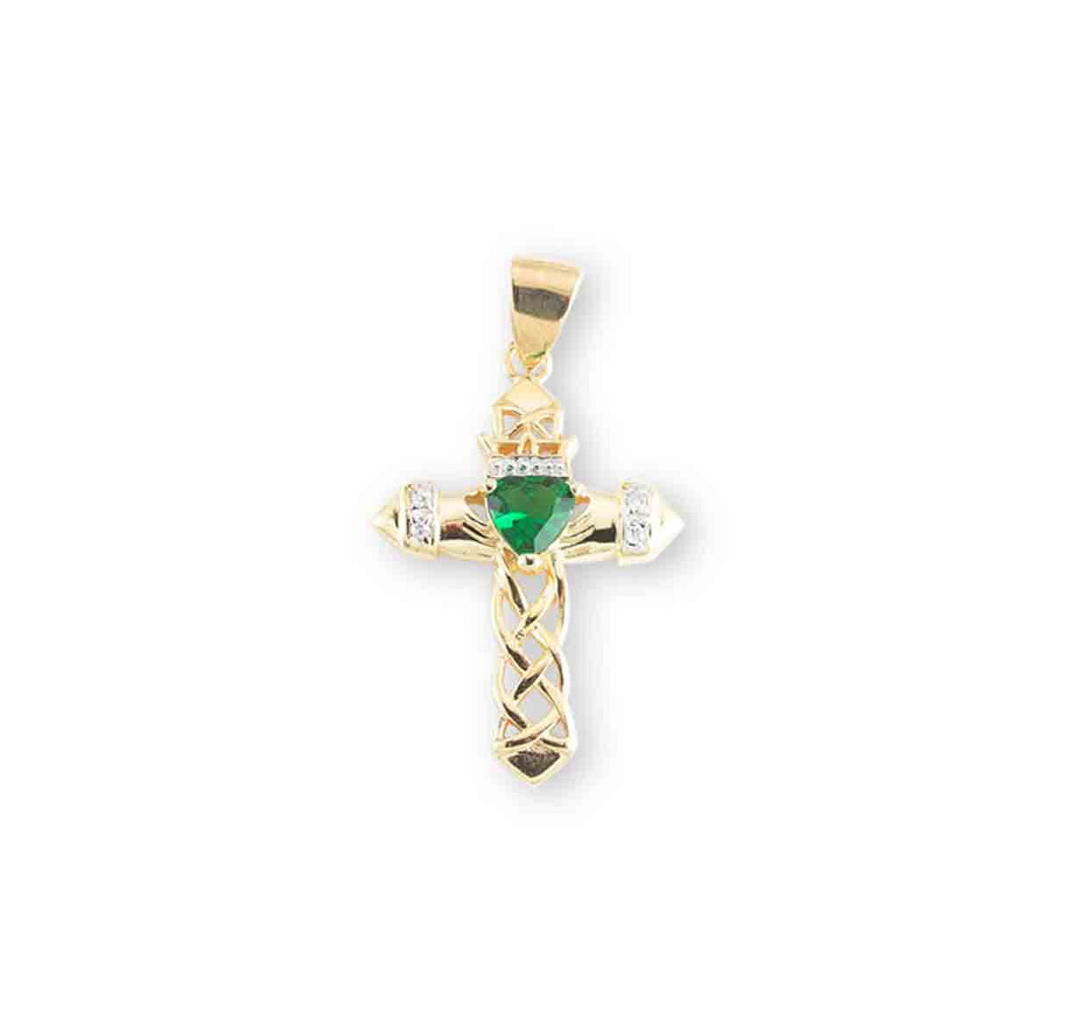 Cross Necklace with Emerald Cubic Zirconia, Gold Over Sterling Silver